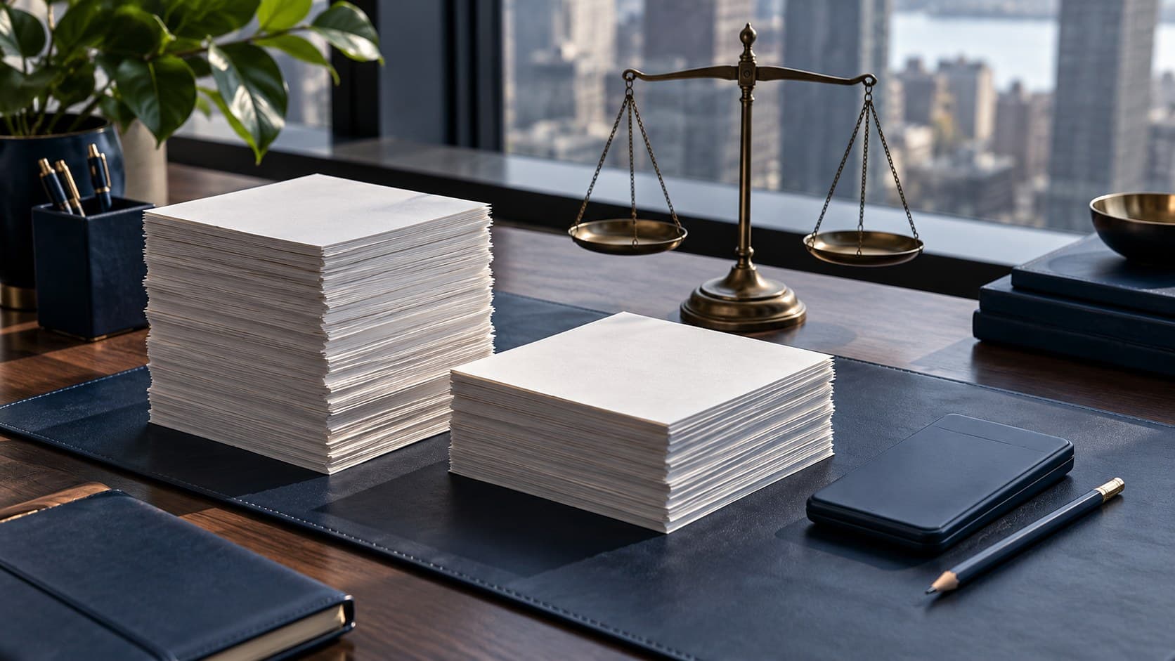 Two unequal stacks of blank paper and a balance scale on a navy investment desk.