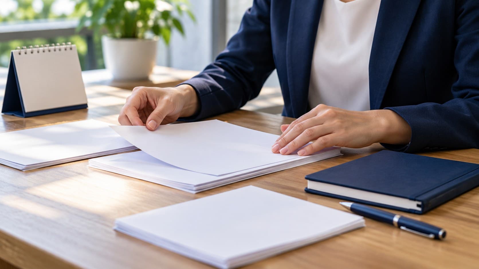 An anonymous professional arranging blank proposal sheets beside a navy notebook and desk calendar.