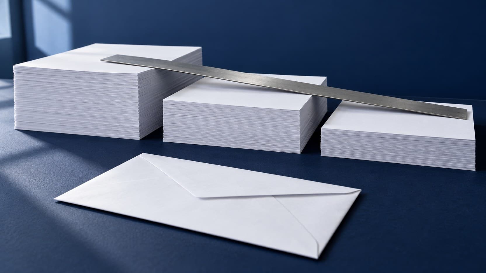 Three descending stacks of blank white paper sit under a plain metal ruler, with a white envelope in front on a navy desk.