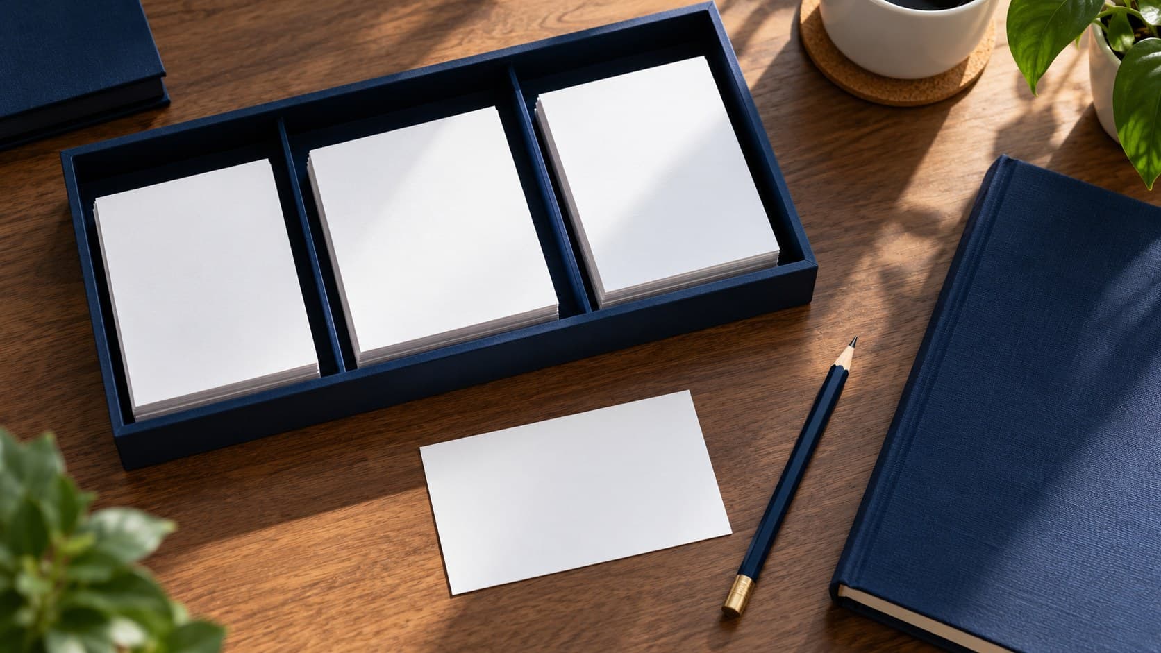 Three groups of blank index cards in a navy tray beside a pencil and closed study book.