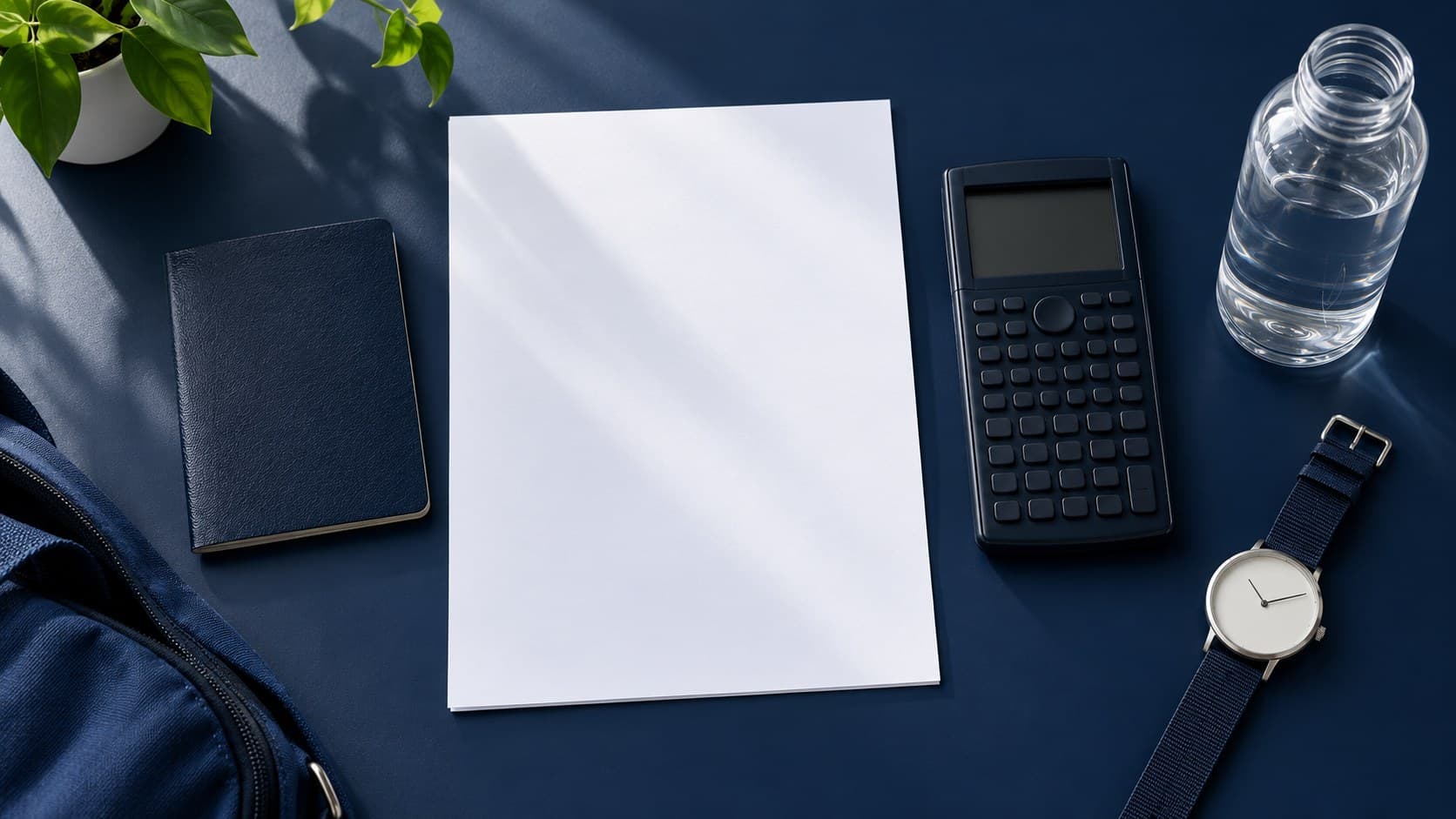 A blank appointment sheet, unbranded dark calculator, plain booklet, watch and clear water bottle sit on a navy desk.