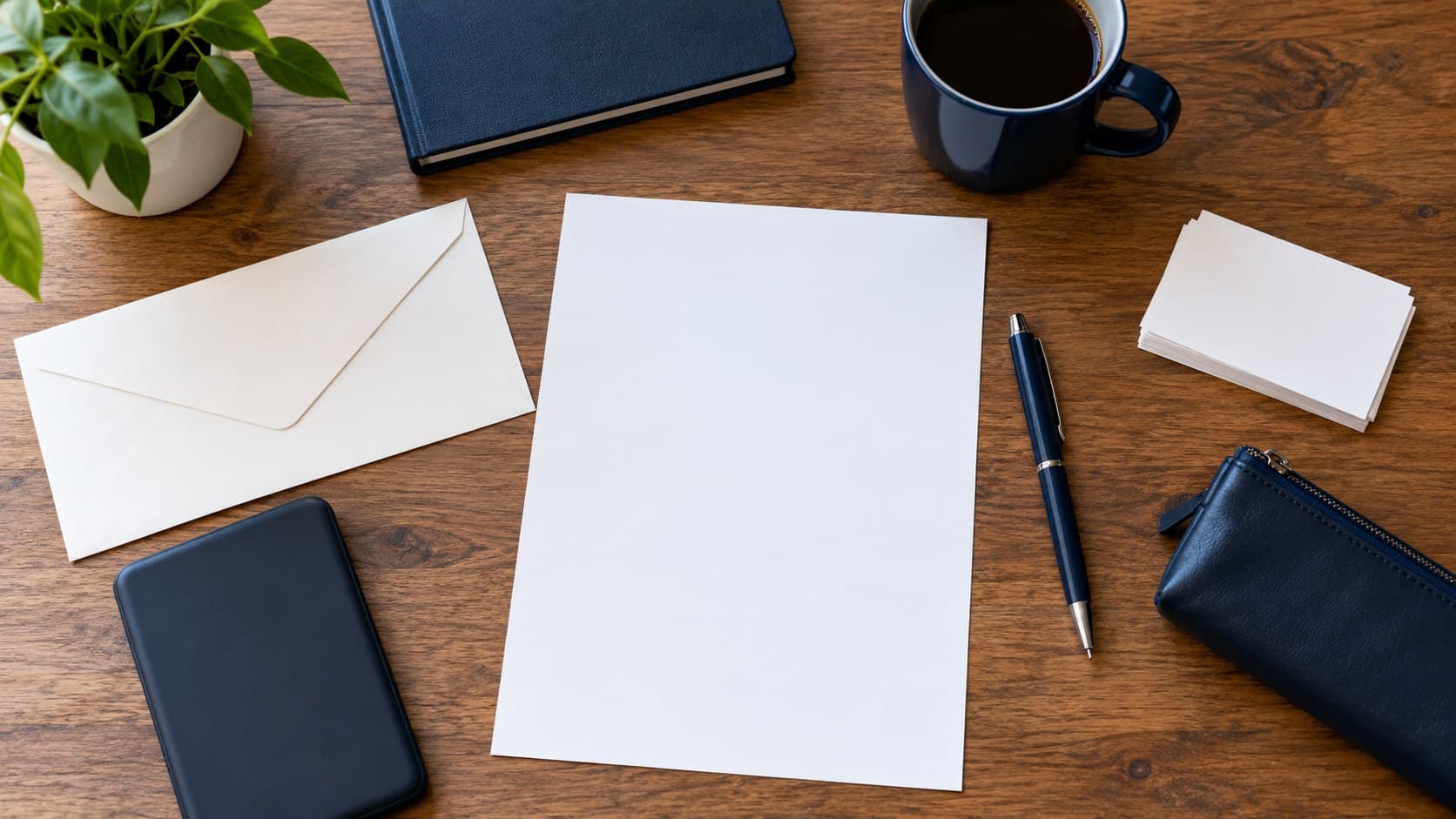A blank registration sheet, envelope, cards and pen on a wooden desk.