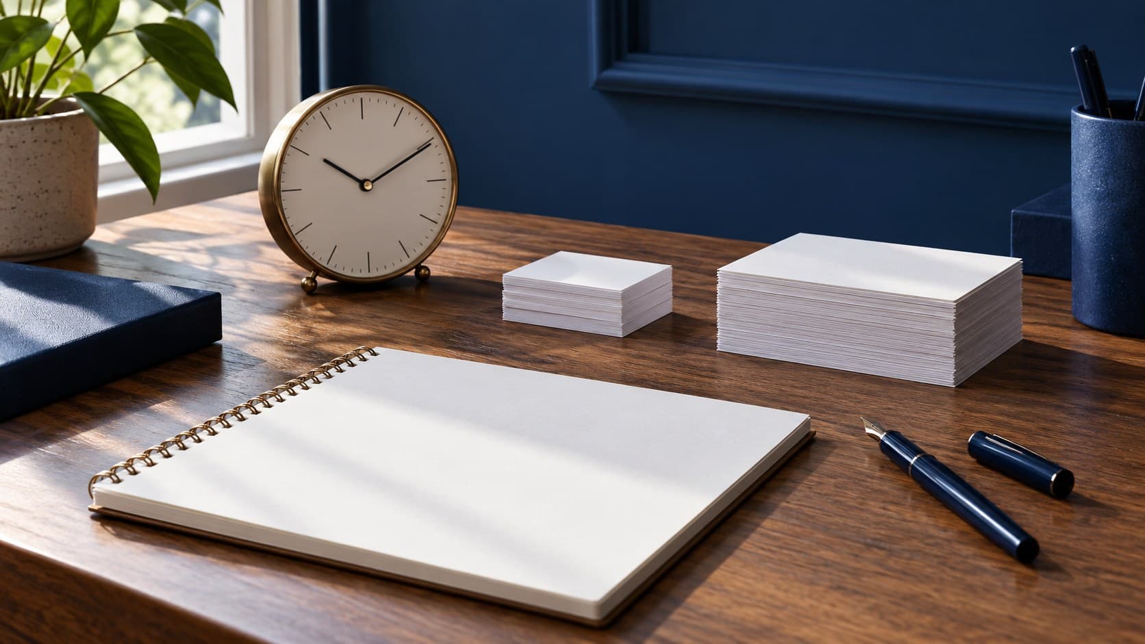 Two stacks of blank study cards, a blank notebook, pen and unnumbered clock on a navy study desk.