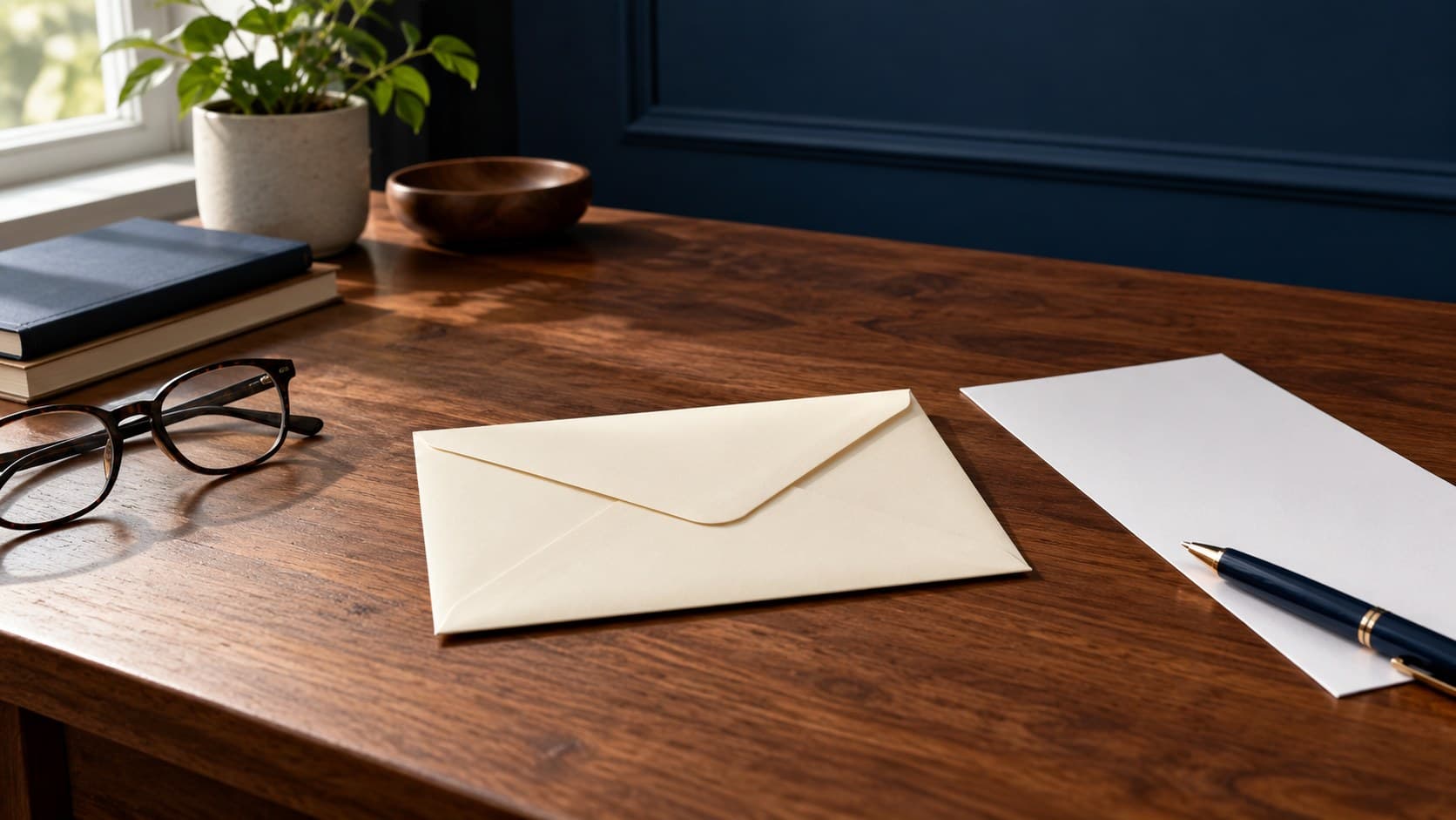 A sealed cream envelope, blank paper, pen and eyeglasses on a quiet wooden desk.