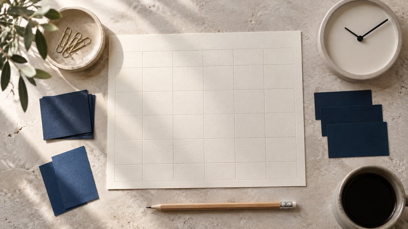 Blank ruled study grid with grouped navy cards, a plain clock, pencil and coffee cup on a light desk.