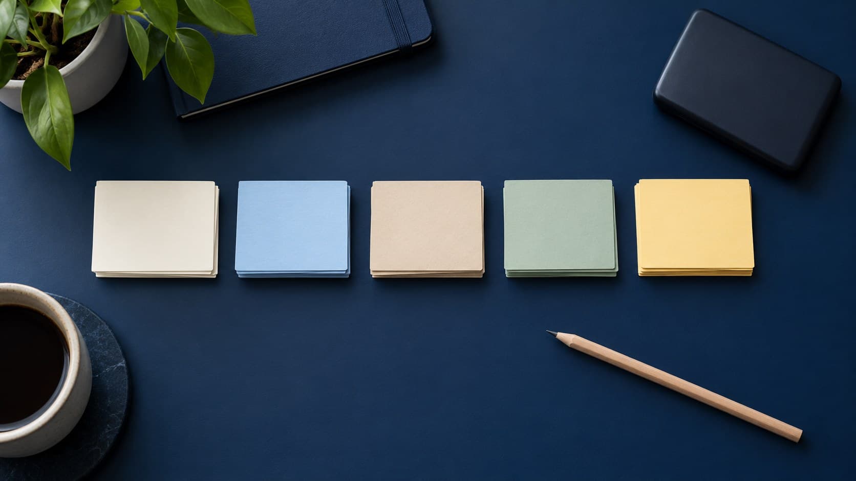 Five blank piles of coloured cards arranged across a navy desk beside a pencil.