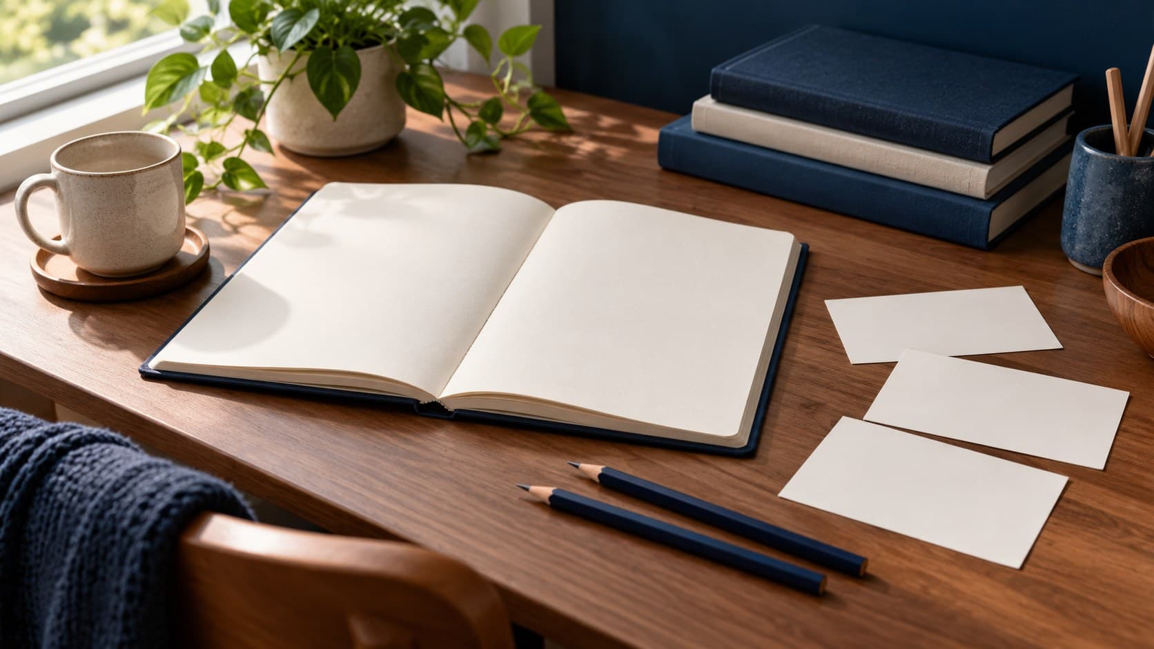 An open blank notebook and three blank cards rest on a desk beside two plain pencils.