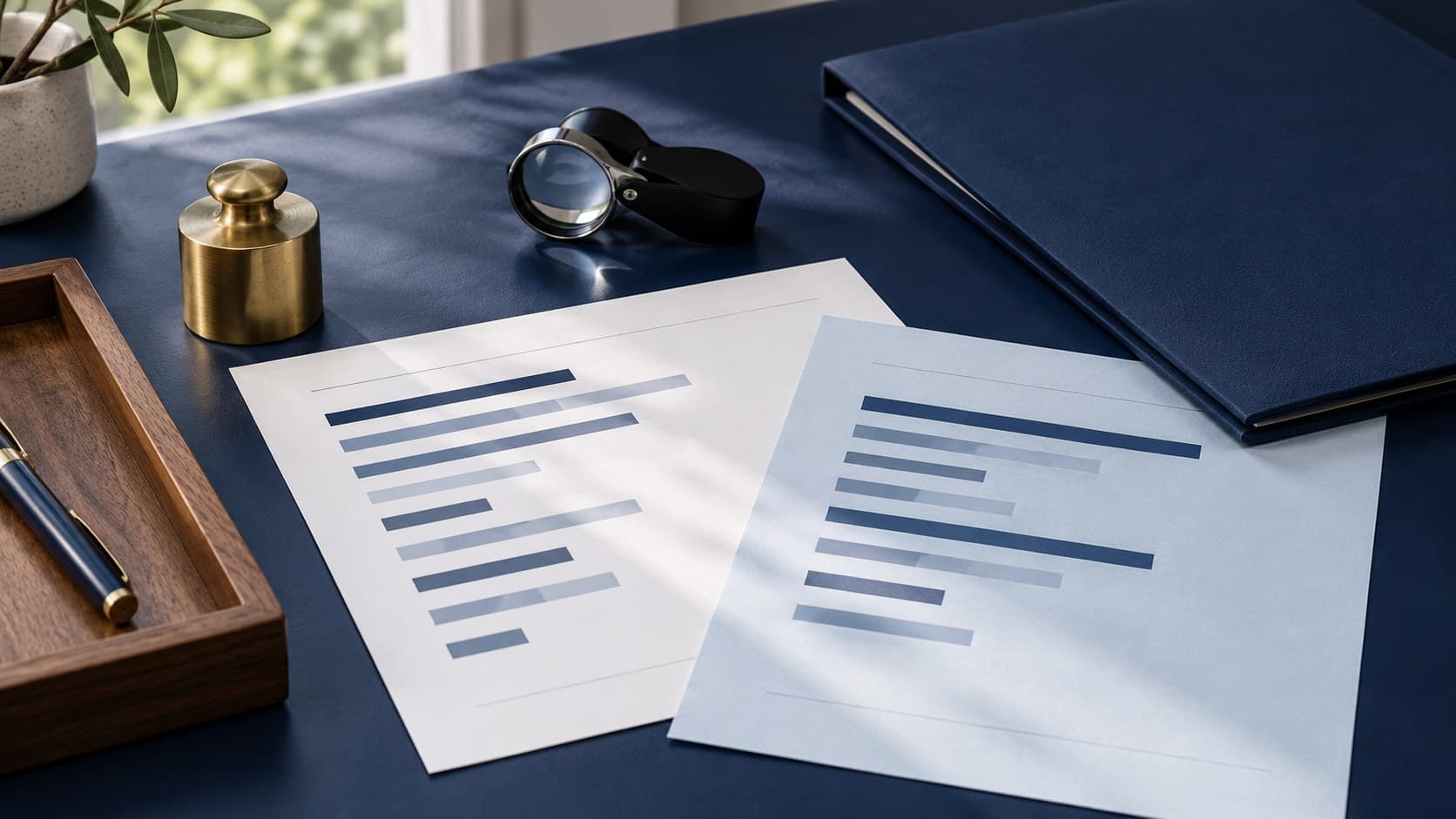 Two unlabelled pricing sheets, a magnifying loupe and a brass weight on a navy desk.