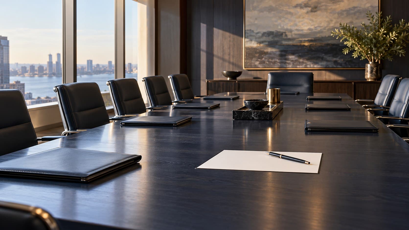An empty investment committee room with navy folders and a blank sheet on the table.