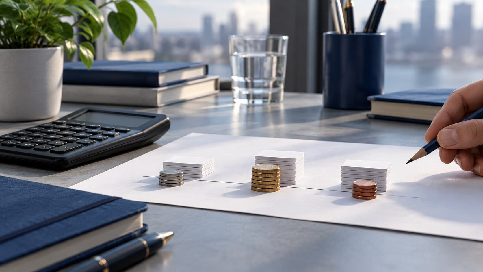 A hand holds a pencil beside blank cash-flow markers, coin stacks and a financial calculator on a sunlit desk.
