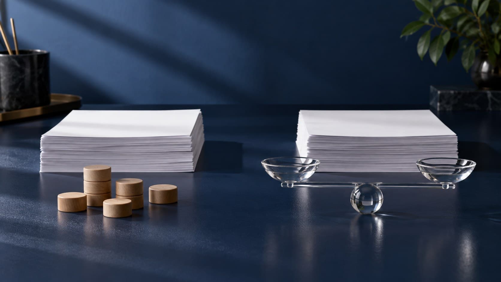 Wooden counters and a glass balance beside two blank stacks of paper on a dark blue desk.