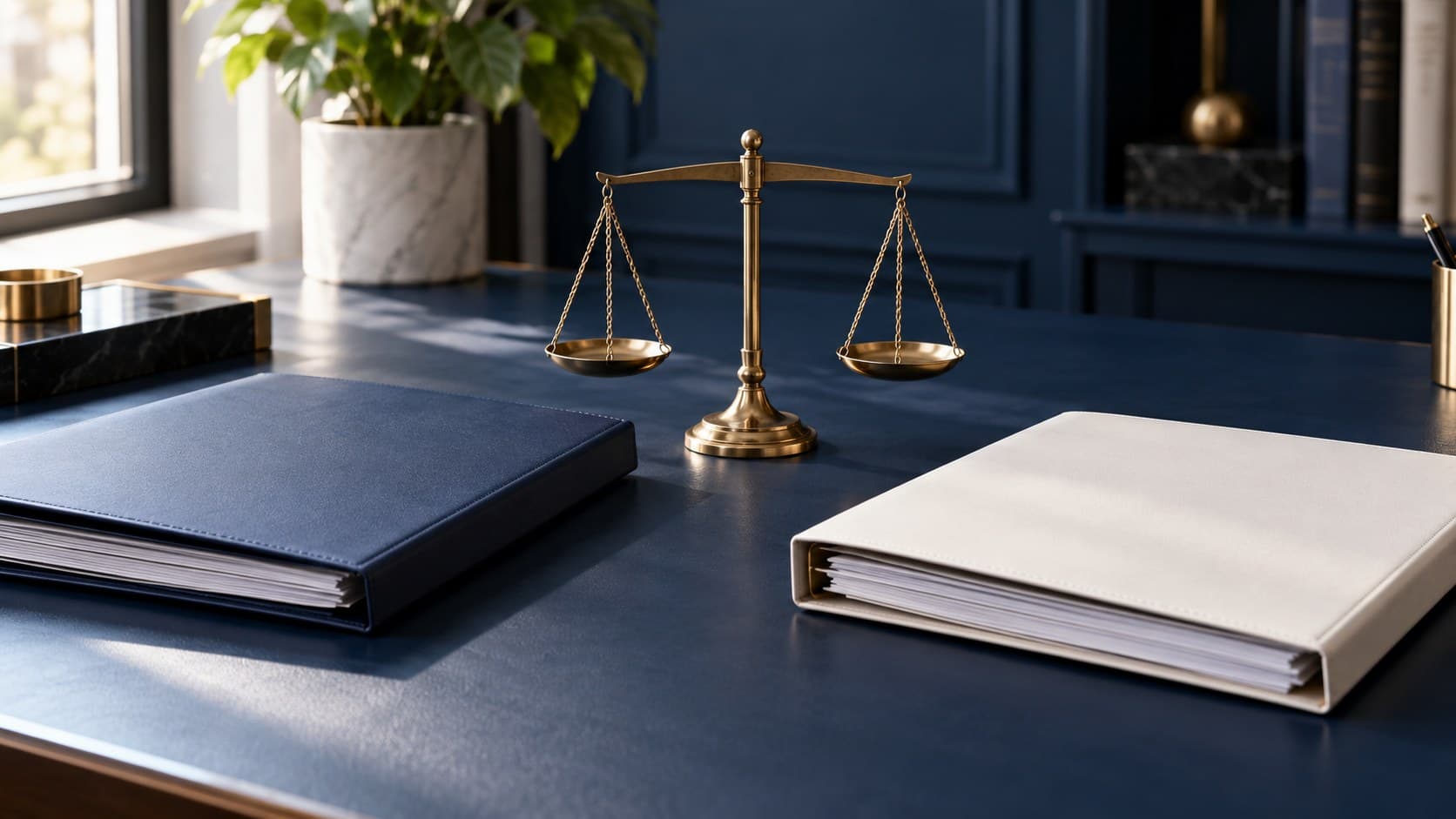 Two closed unmarked investment folders sit either side of a balanced brass scale on a navy desk.
