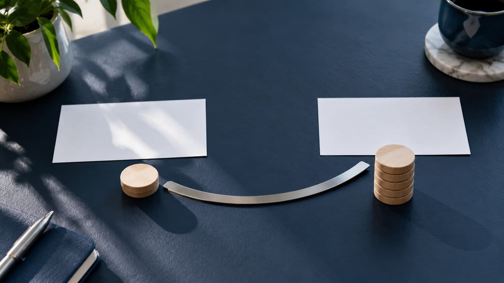Blank paper cards, wooden counters and a curved metal ruler on a navy desk.