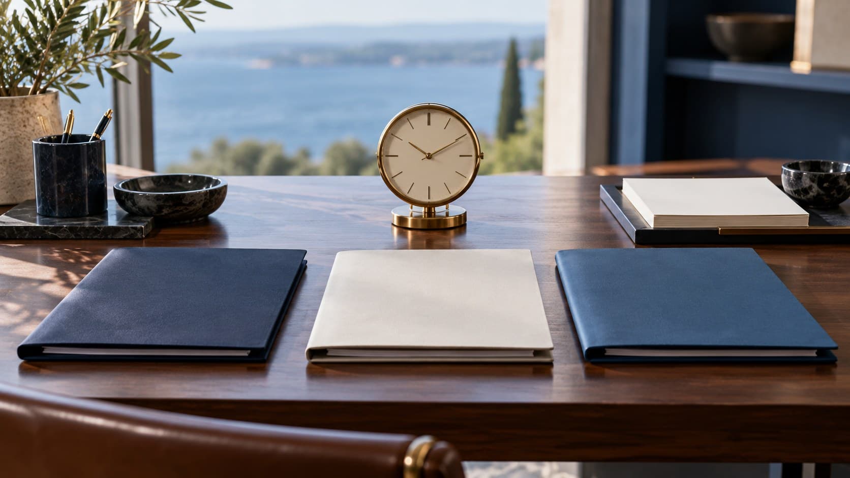 Three plain folders and a clock on a professional desk, with no writing visible.