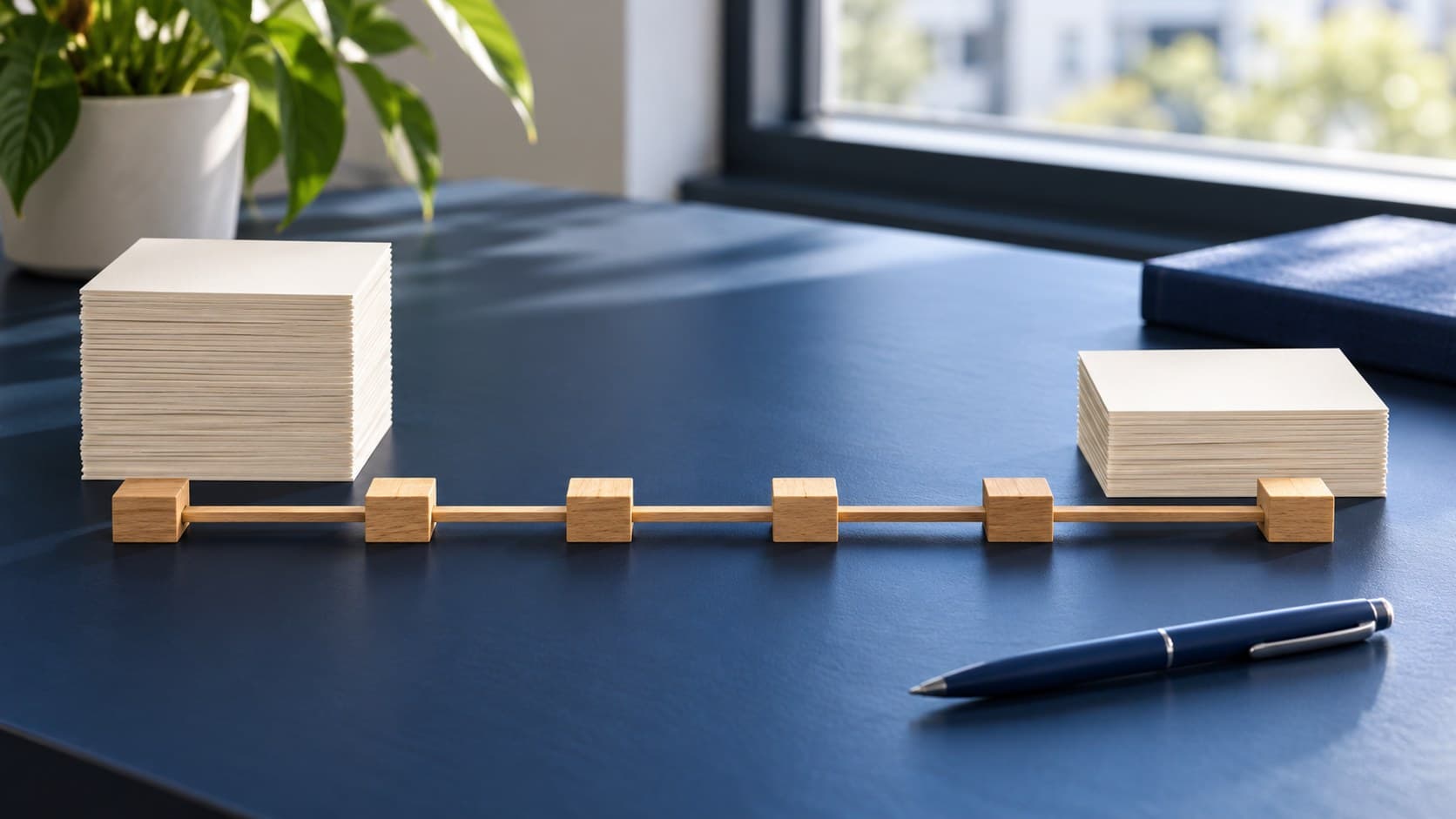 Two stacks of blank paper stand at opposite ends of an unmarked wooden timeline on a navy desk beside a pen.