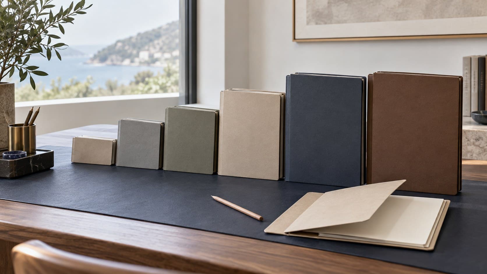 Plain unlabelled folders of different sizes stand in sequence on a navy desk mat beside an open blank folder.