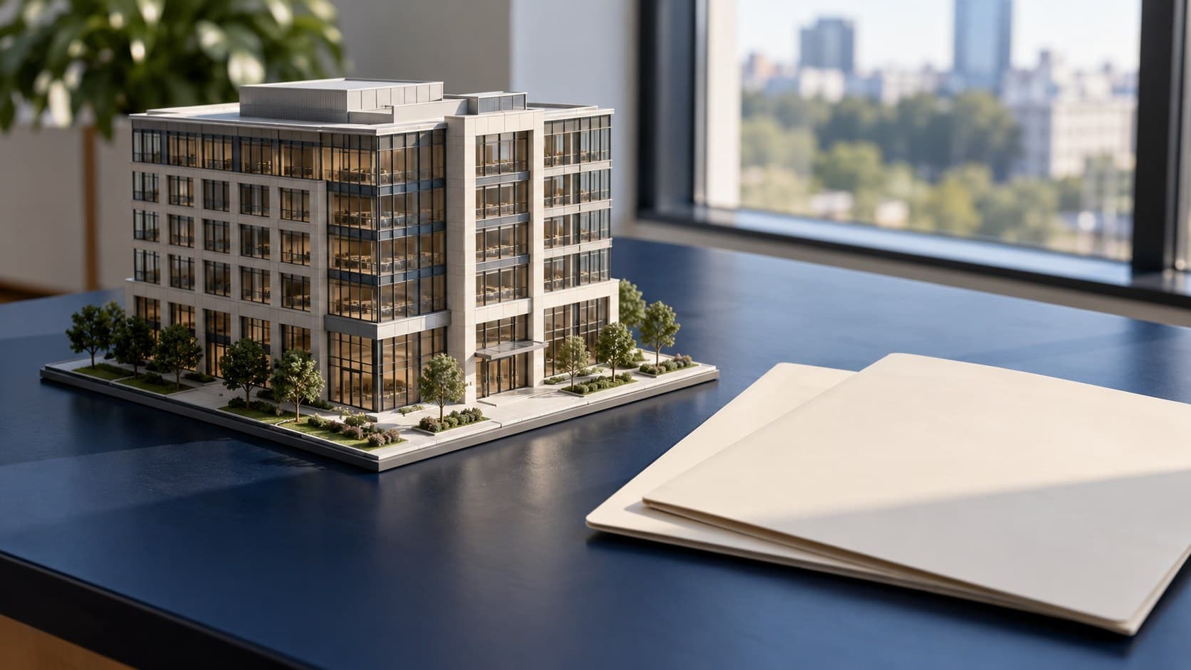 A scale model of an office building stands on a navy desk beside two blank folders.
