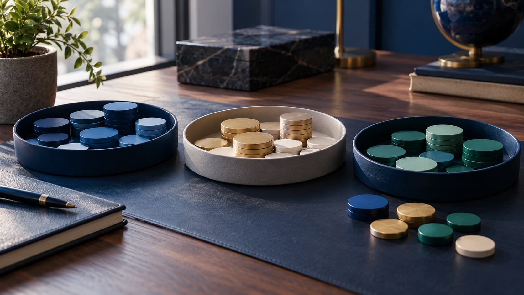 Three trays of coloured tokens on a desk illustrate an allocation being adjusted.