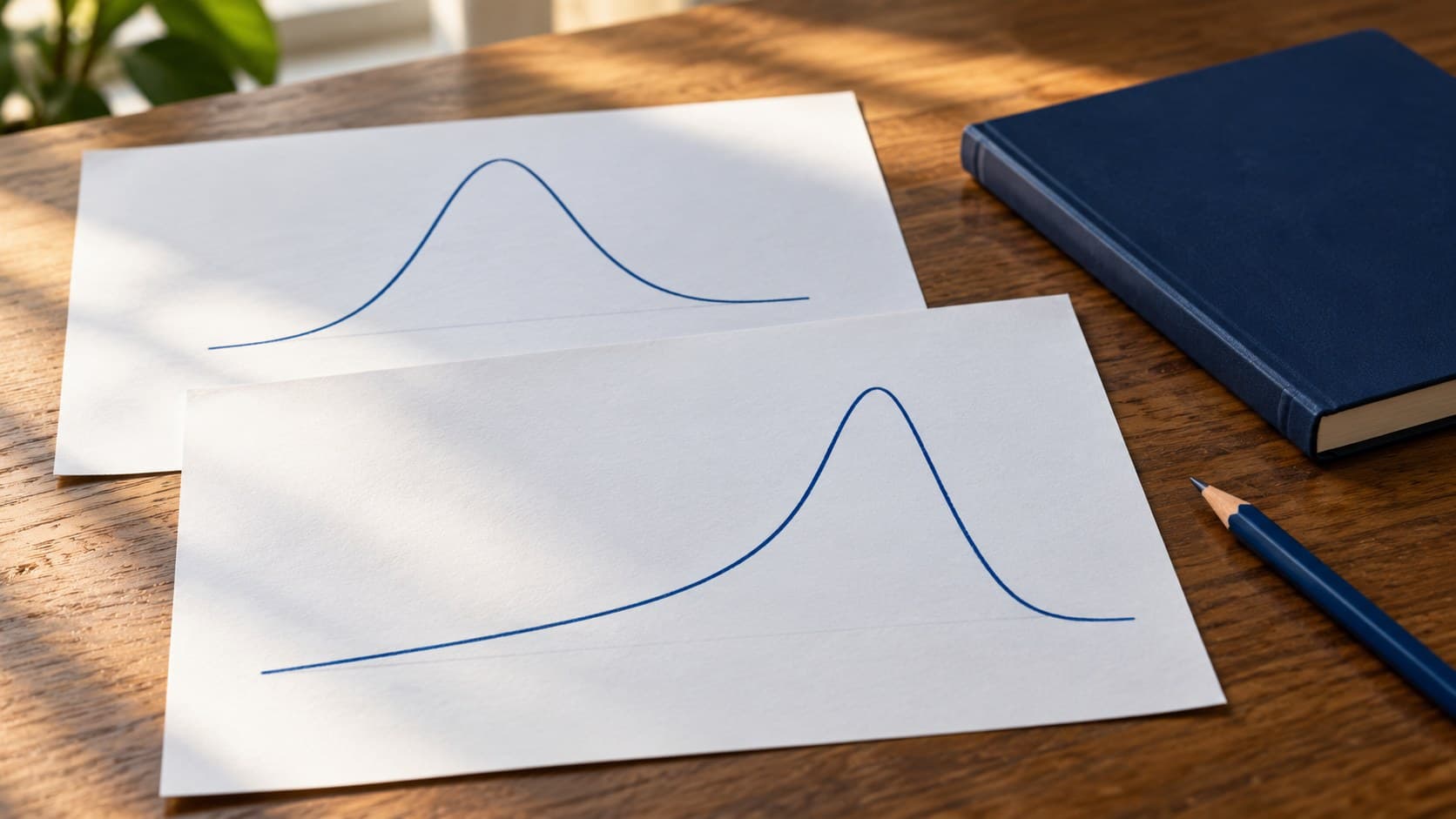 Two unlabelled return curves on paper, one symmetric and one with a long left tail, beside a navy notebook and pencil.