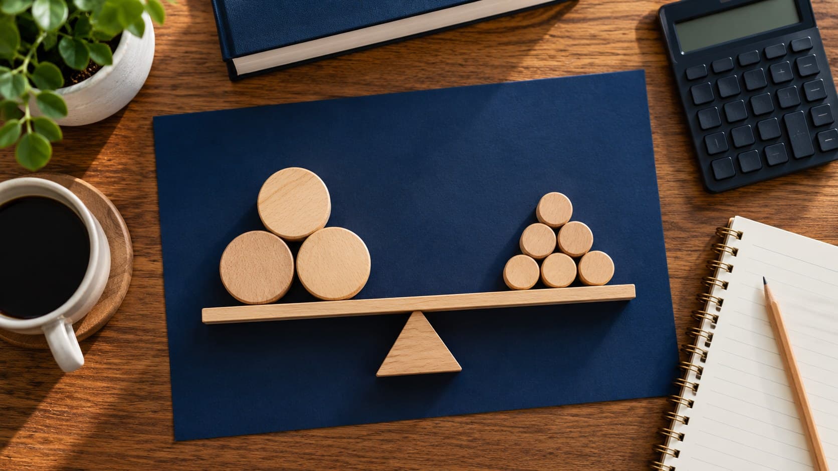 Wooden tokens of two sizes balance on a small beam beside a blank notebook and calculator on a navy desk.