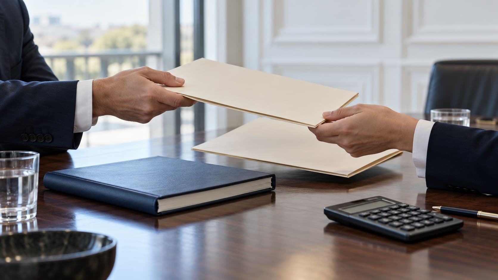 Two pairs of hands exchange blank folders across a table beside a navy ledger and calculator.