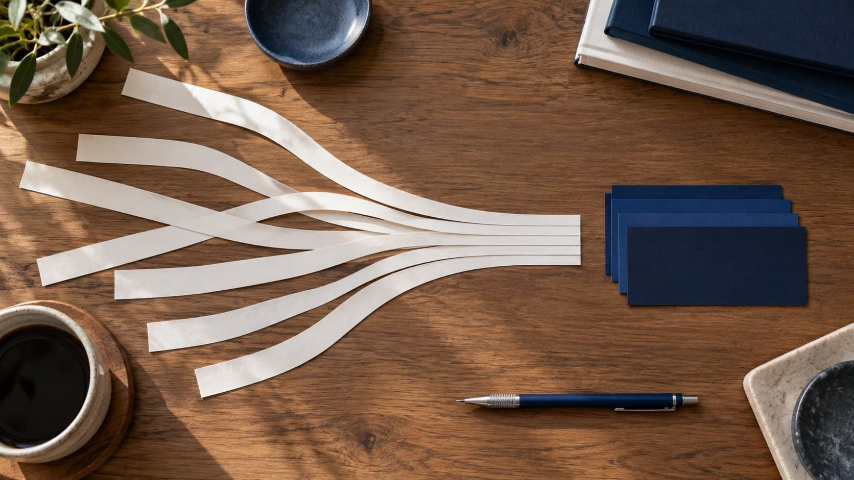 Blank paper strips converge beside a stack of navy cards on a wooden desk.