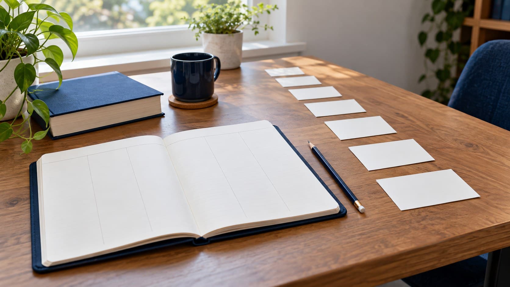 A blank weekly planner, pencil and spaced blank index cards sit on a sunlit wooden desk beside a closed book.
