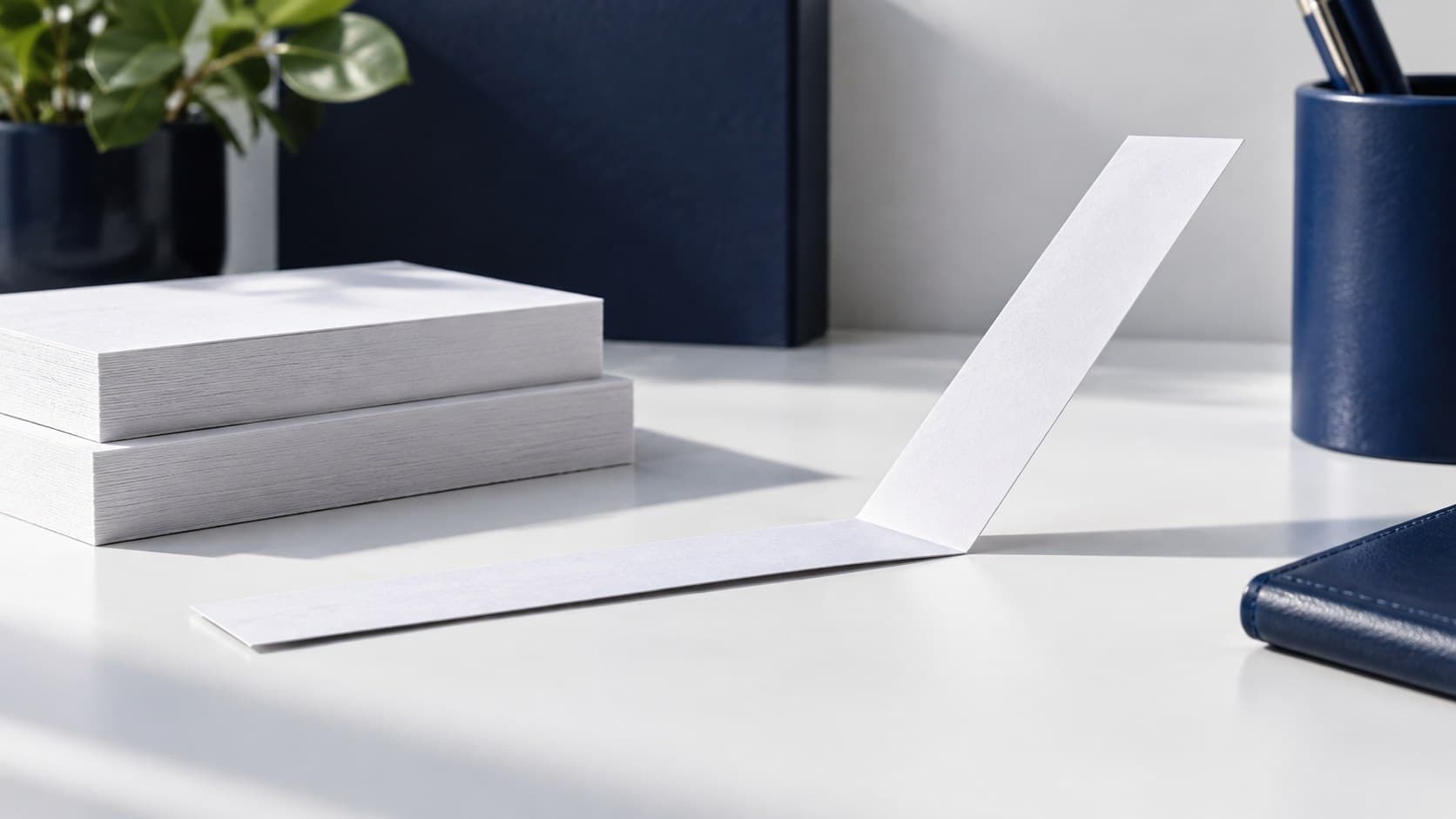 A folded white paper strip forms a flat line that bends upward on a clean desk beside stacked sheets.
