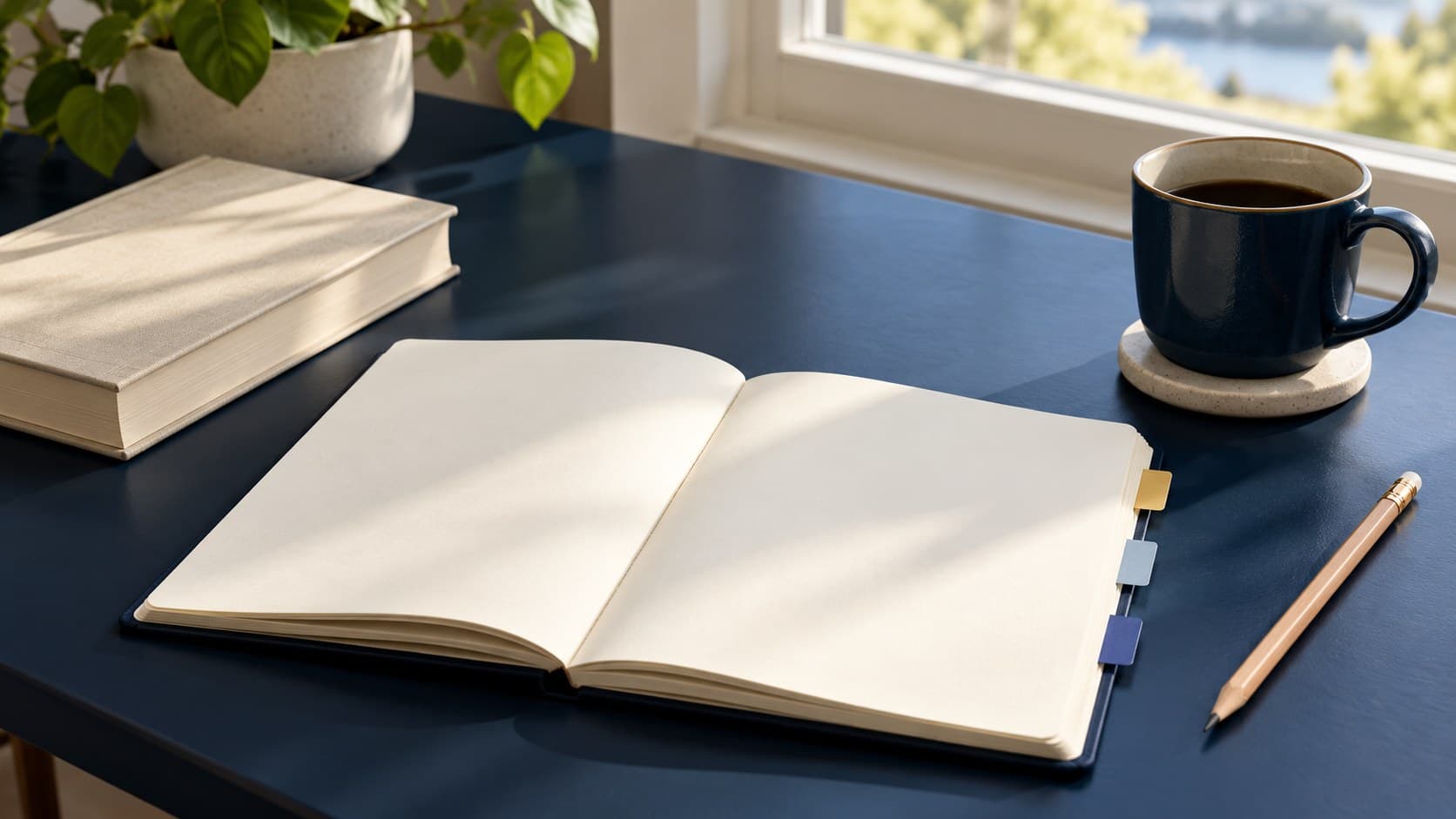 A blank open notebook with coloured tabs lies beside a plain closed book, pencil and navy mug on a desk.