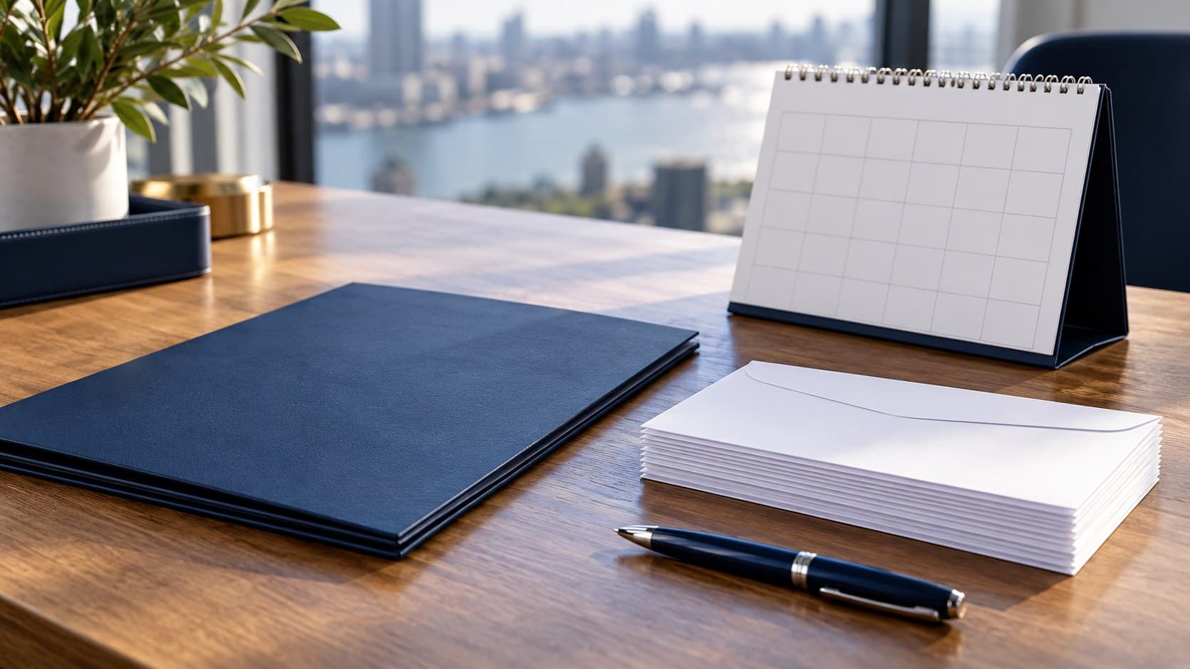 A blank desk calendar, plain navy folder and unmarked envelopes on a private equity planning desk.