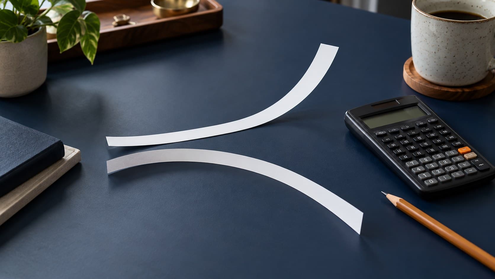 Two unlabelled curved paper strips, a financial calculator and a pencil lie on a navy desk.