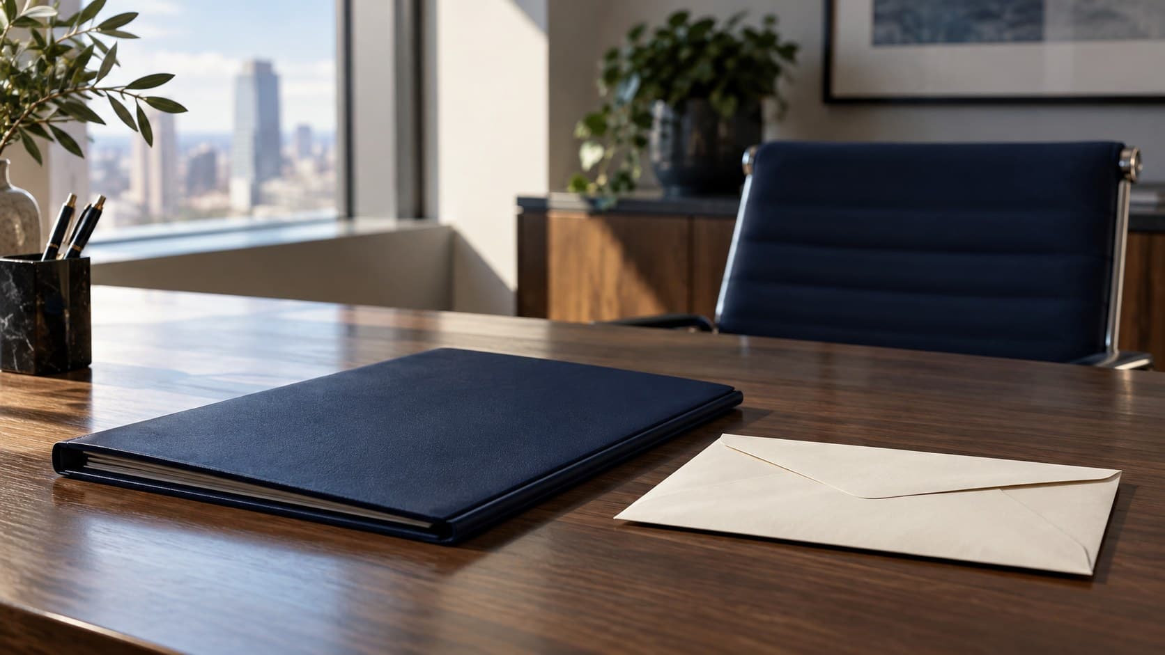 A closed navy folder and plain sealed envelope rest on a quiet office desk.