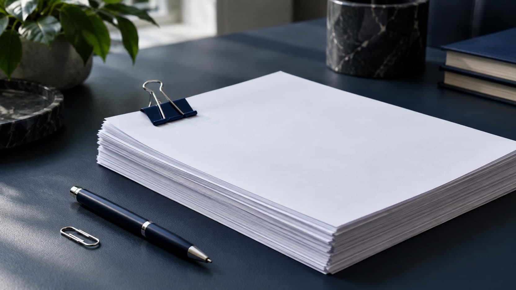 An unmarked stack of bond documents held by a blue folder clip beside a pen on a navy desk.