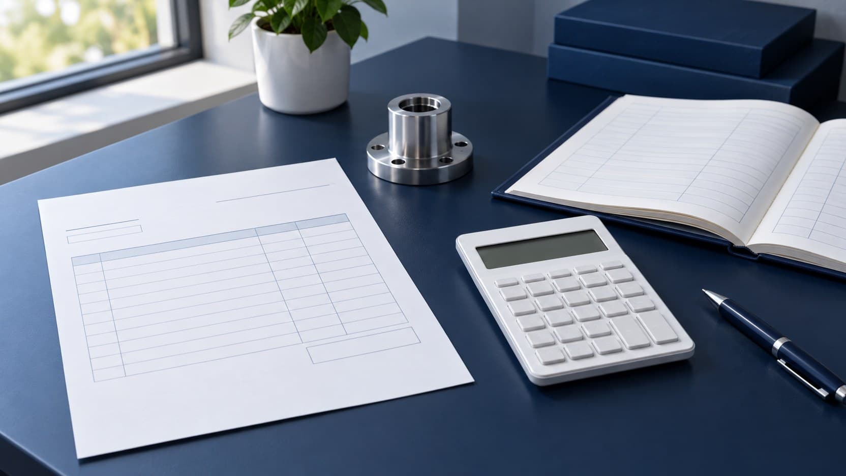 An unmarked equipment invoice beside a blank asset ledger and a calculator on a navy desk.