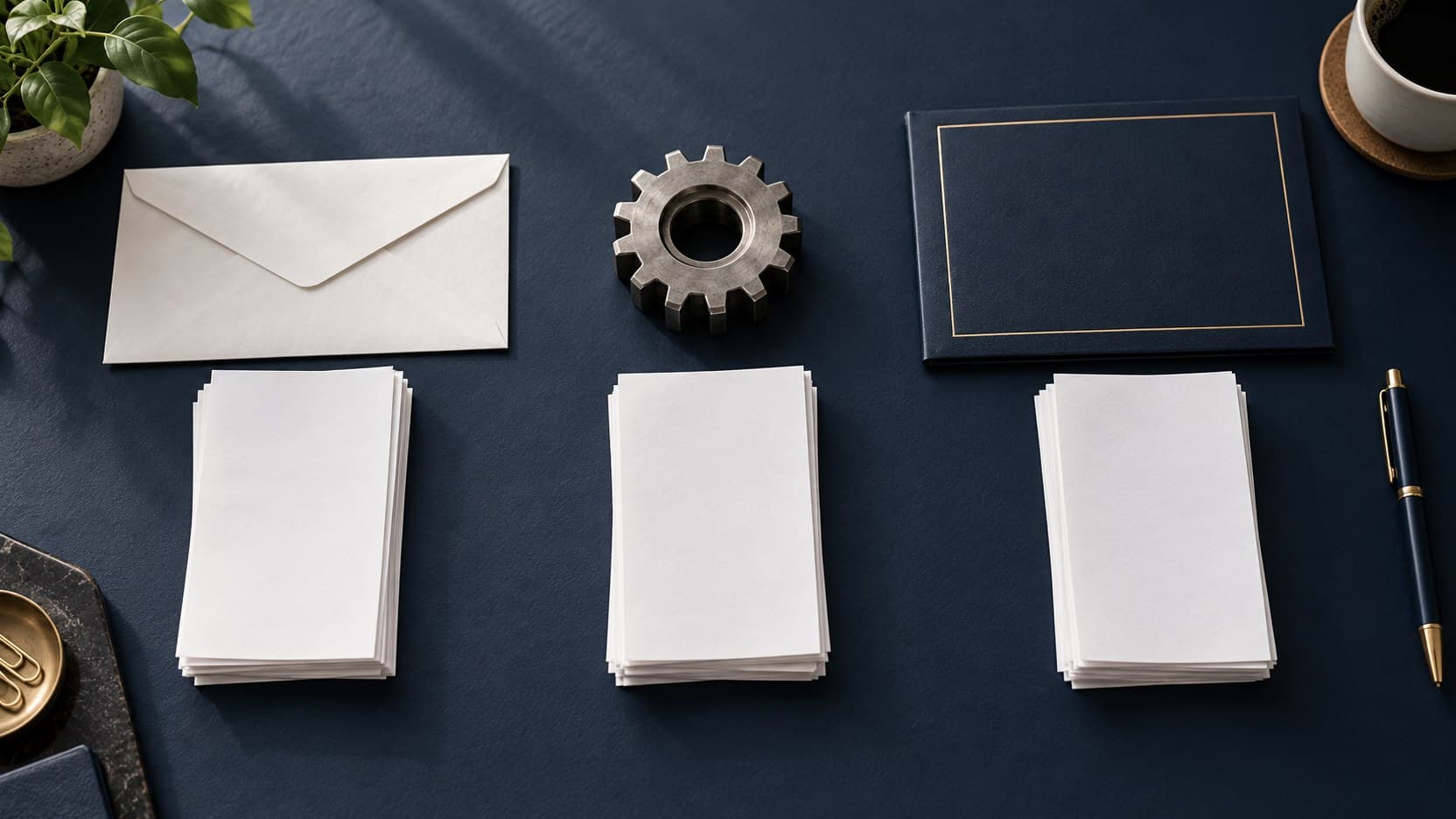 Three stacks of blank transaction slips sit beside an envelope, a metal gear and a closed navy folder on a desk.