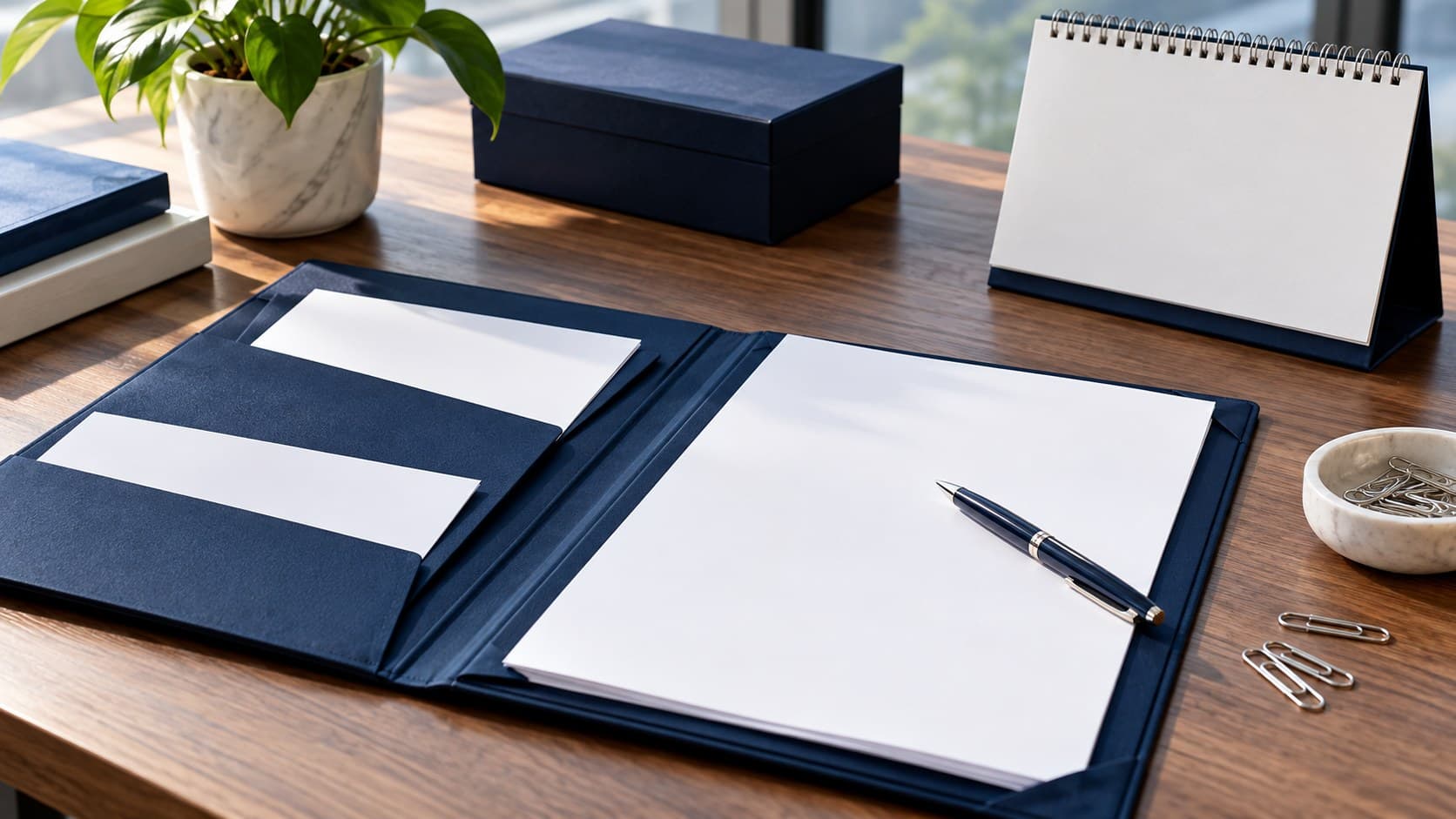 An open navy application folder with blank papers, a pen and an unmarked desk calendar.