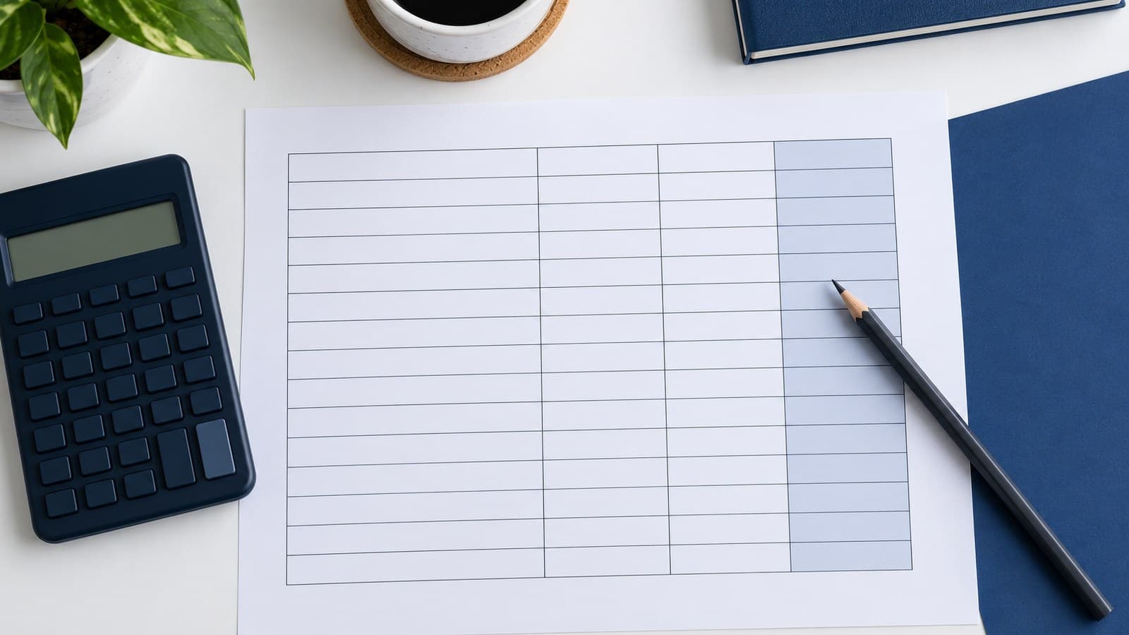 An overhead photograph shows a blank columnar worksheet, a financial calculator and a pencil on a white and navy desk.