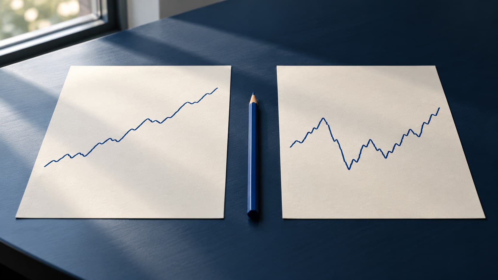 Two sheets with different unlabelled blue return lines lie beside a blue pencil on a navy desk.