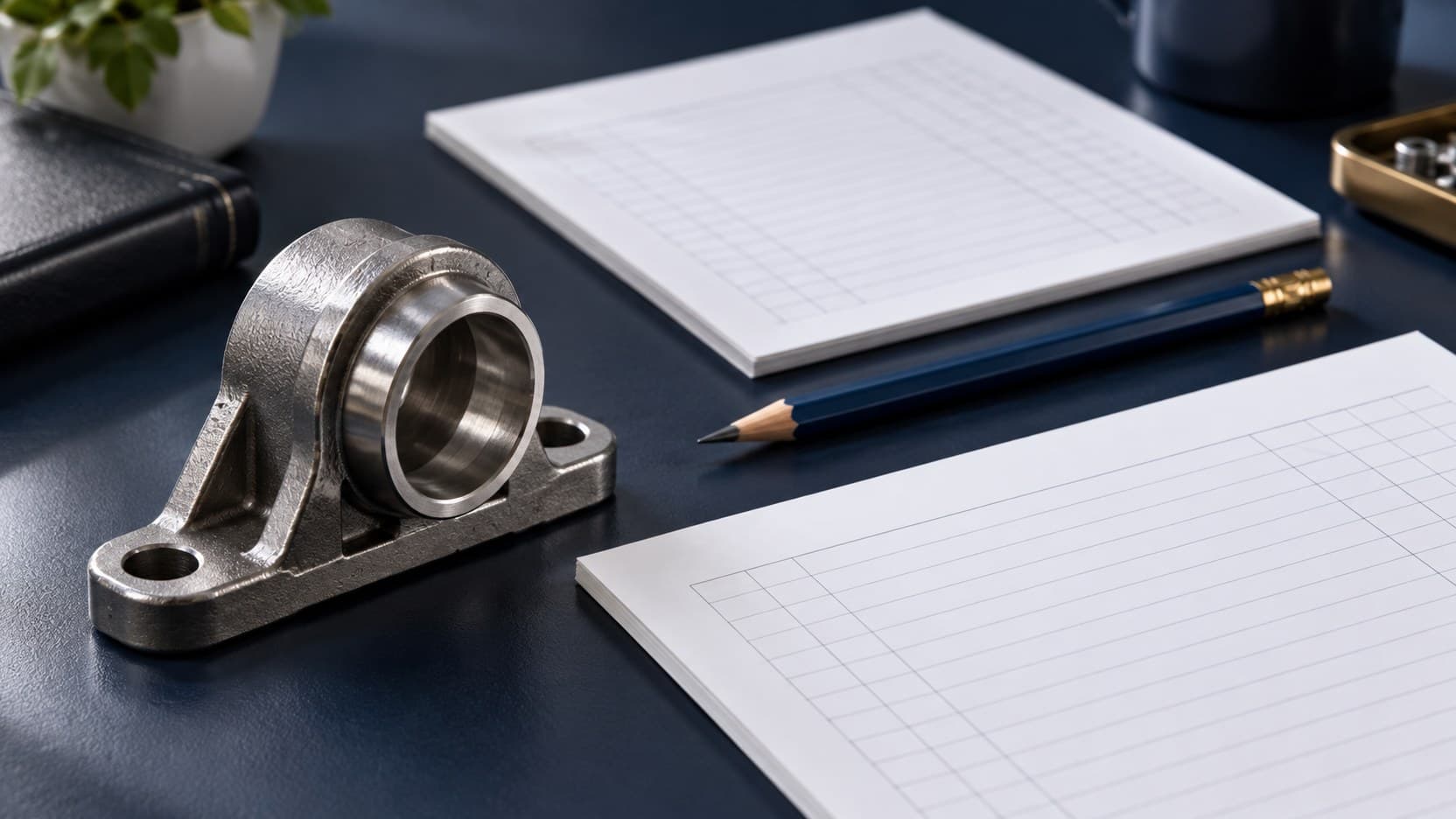 A metal machine component rests between two blank accounting sheets and a blue pencil on a navy desk.
