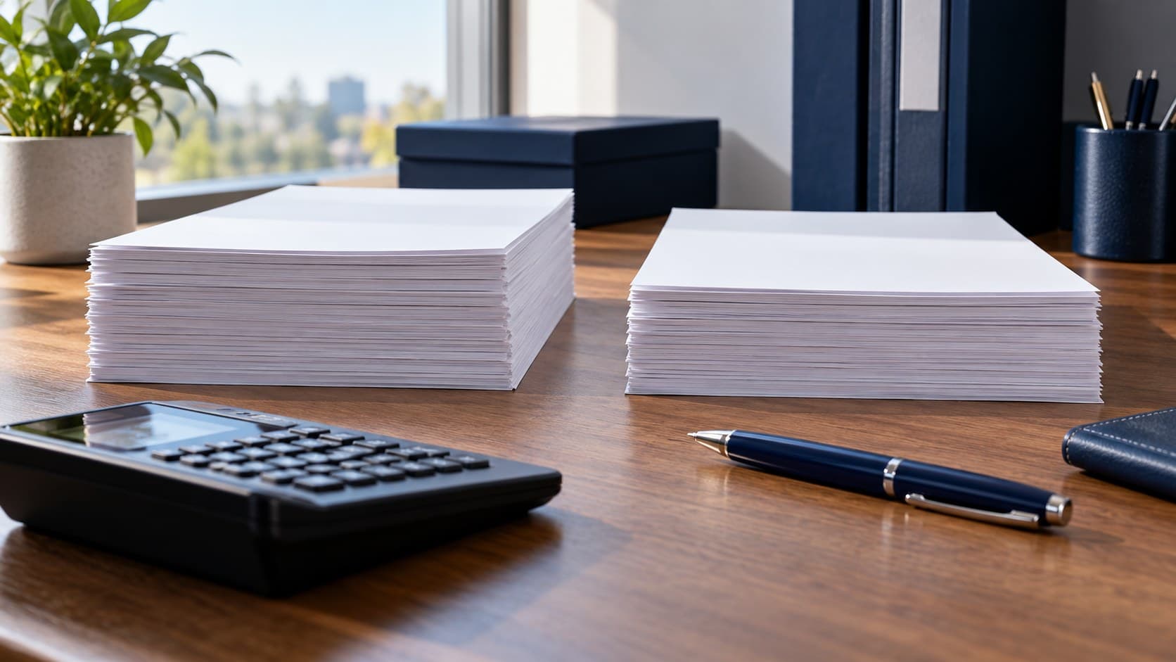 Two stacks of blank paper, a calculator and a pen on a sunlit analyst desk.