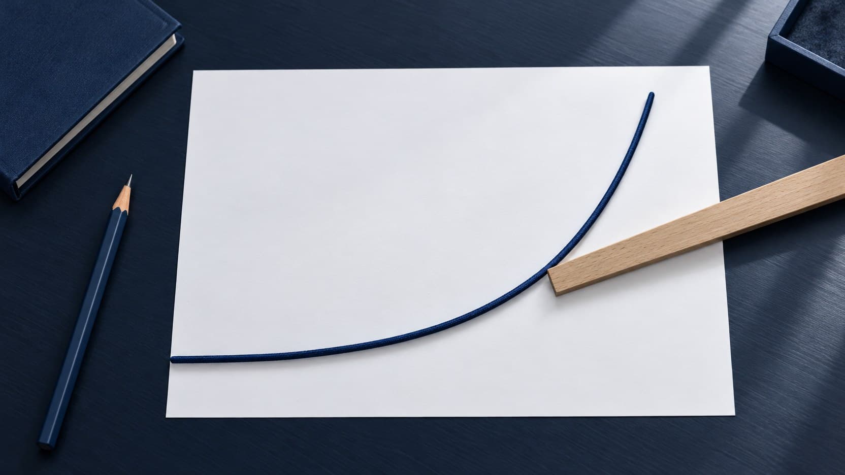 A curved blue cord and a wooden straightedge rest on blank white paper over a navy desk, beside a pencil and notebook.