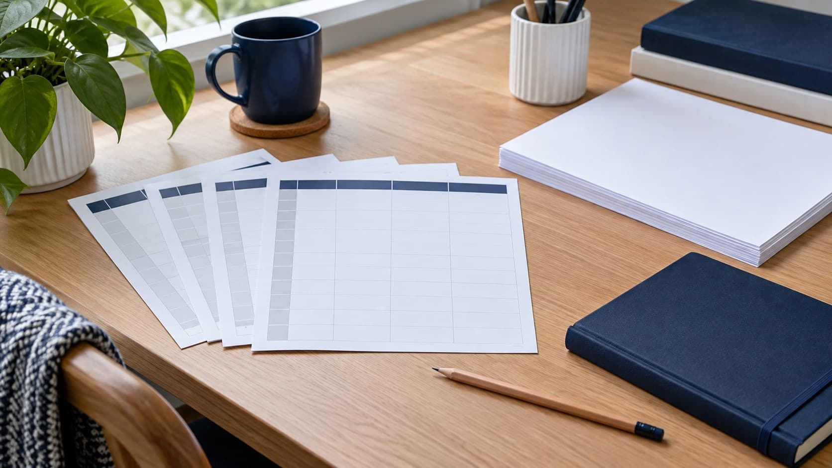 Blank weekly planning sheets, a pencil and plain notebooks on a study desk.
