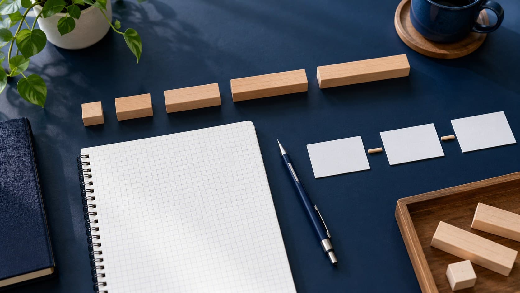 Blank squared paper and wooden measurement blocks lie beside a pencil and plain cards.
