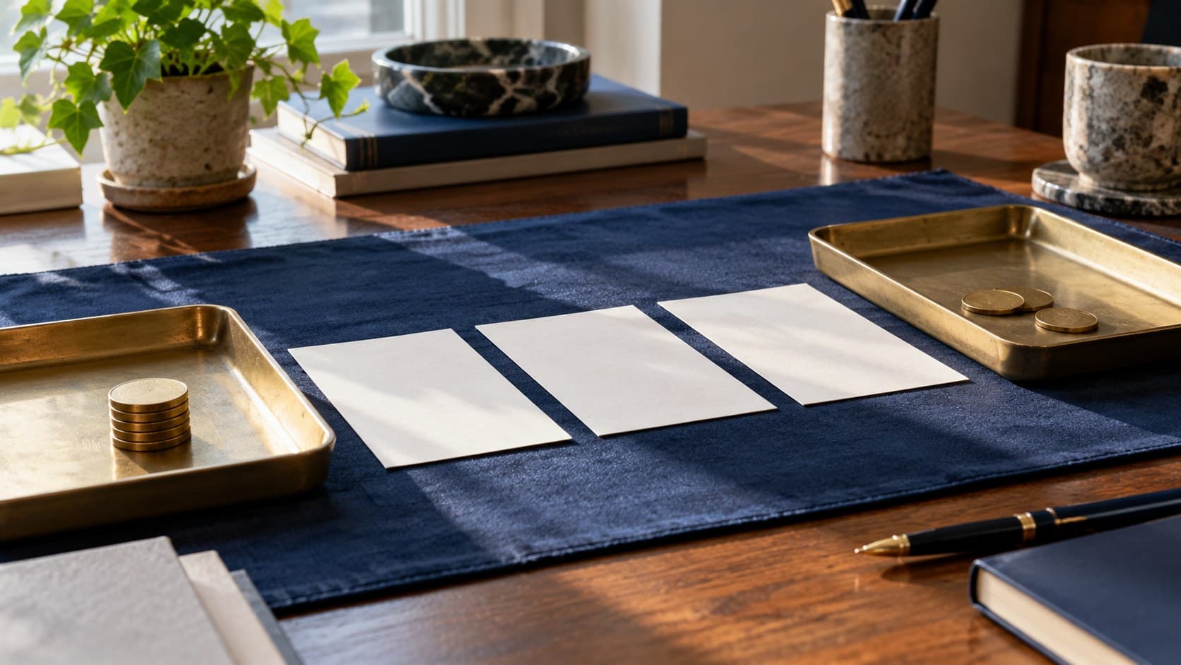 Three blank paper slips lie between plain trays holding brass tokens on a navy desk, evoking daily cash movements.