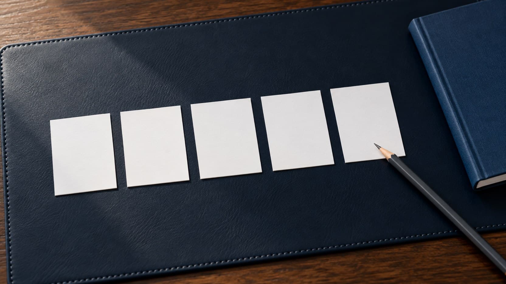 Blank dividend cards arranged in a steady sequence on a navy desk beside a closed blue notebook and pencil.