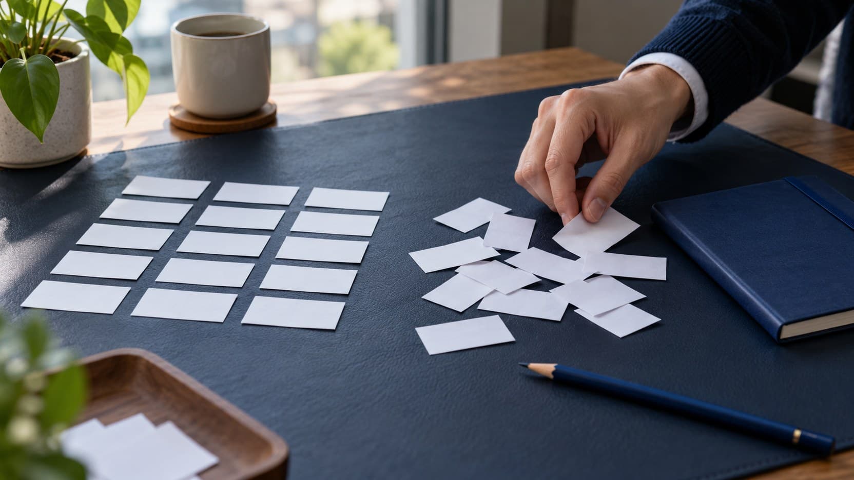 A hand arranges blank paper slips beside a second scattered group on a navy desk mat.