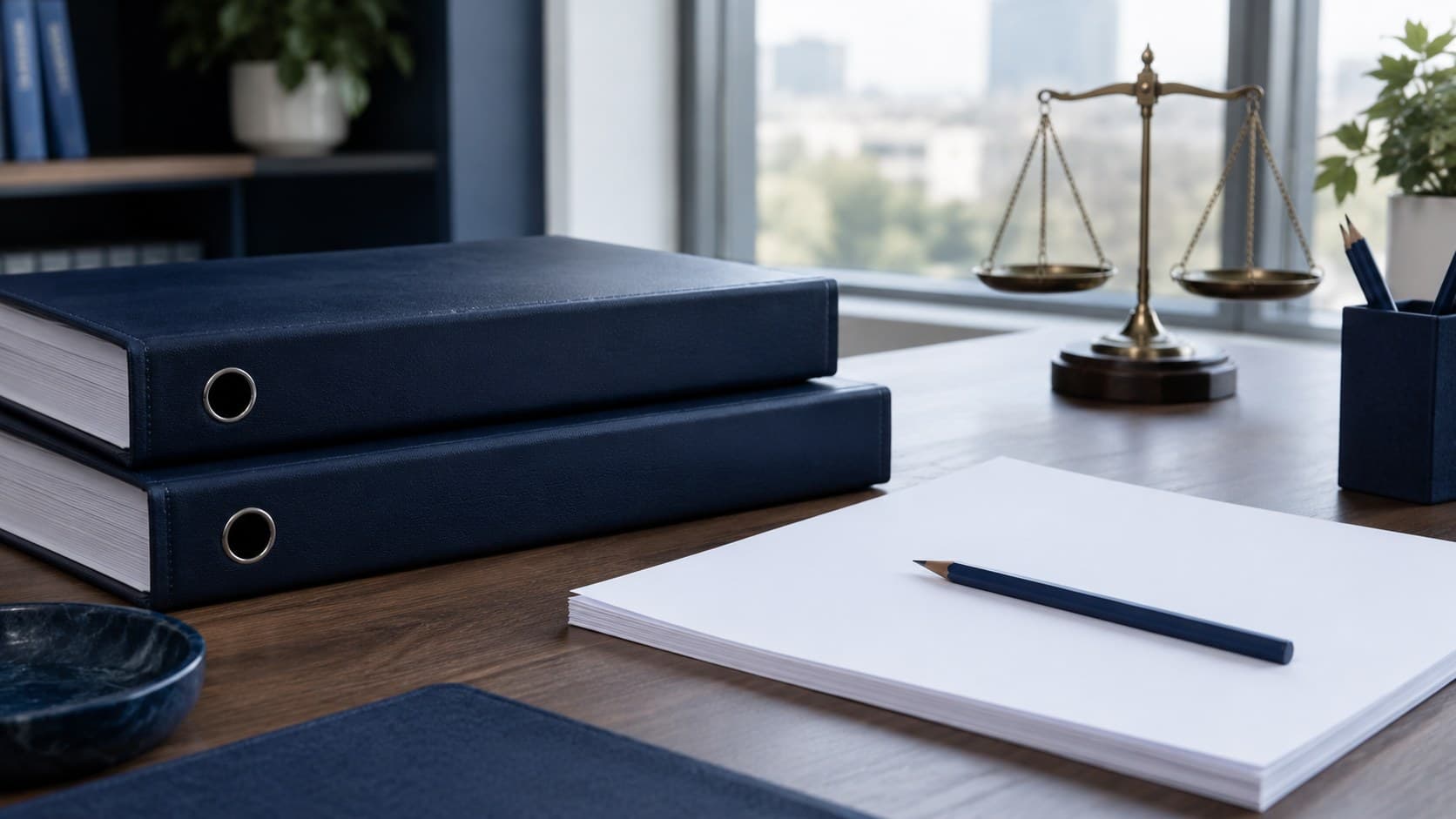 Blank navy binders, white paper, a pencil and a balance scale on an accounting desk.