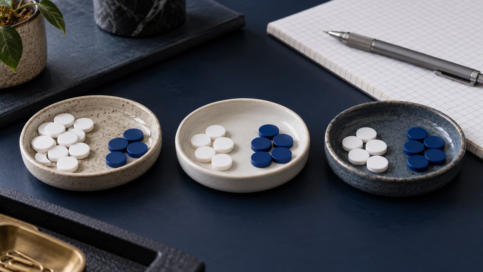 Three ceramic trays hold differently balanced groups of plain blue and white counters beside a blank graph pad on a navy desk.