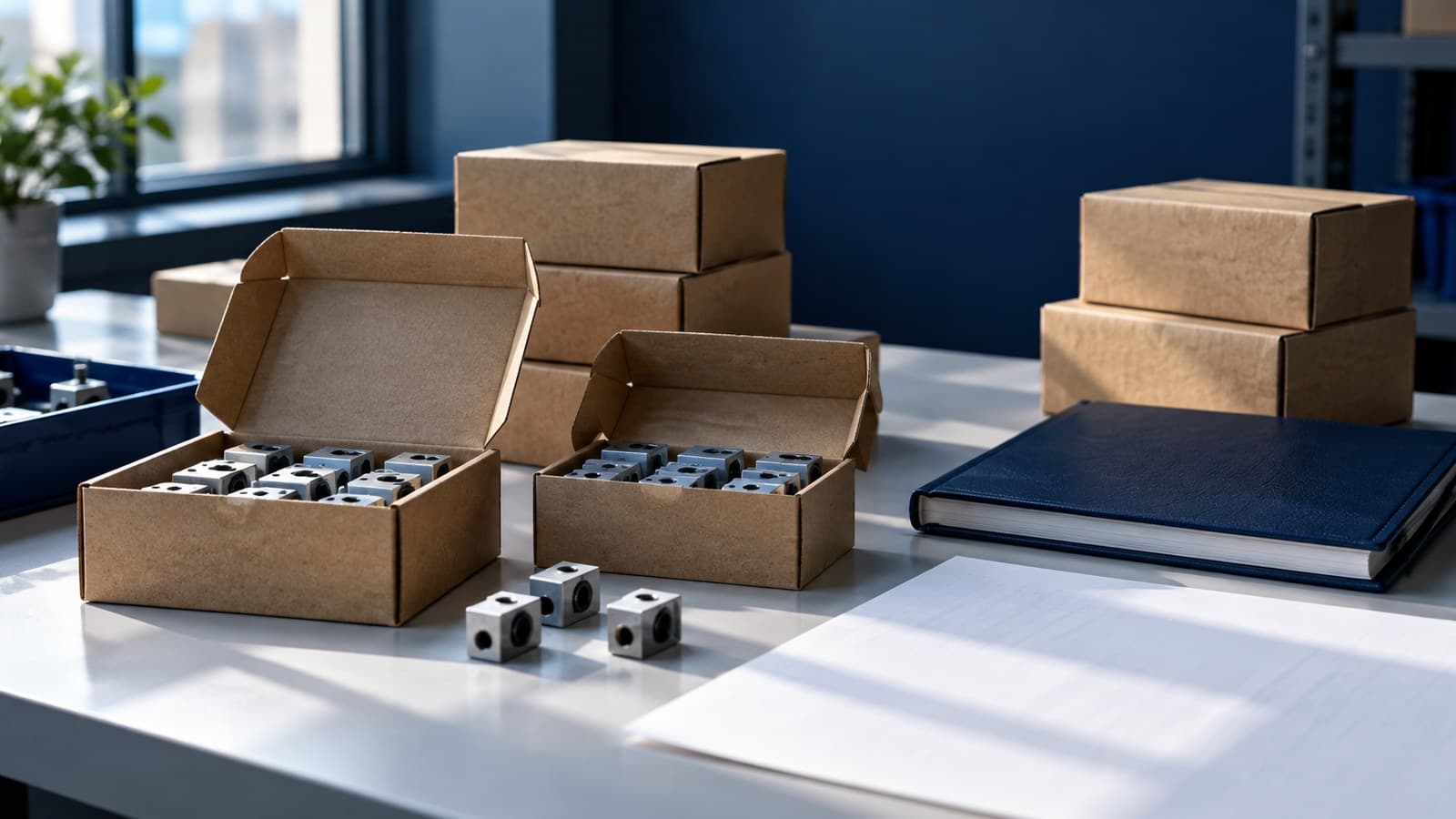 Unmarked boxes of small components sit beside a navy ledger and a blank sheet on a sunlit worktable.