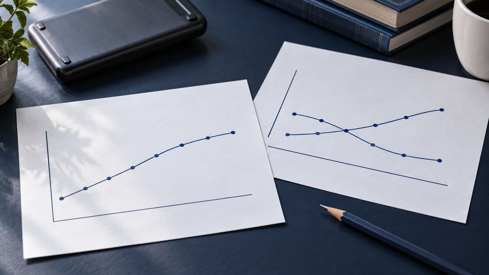 Two unlabelled yield curve sketches and a pencil lie on a navy desk in natural light.